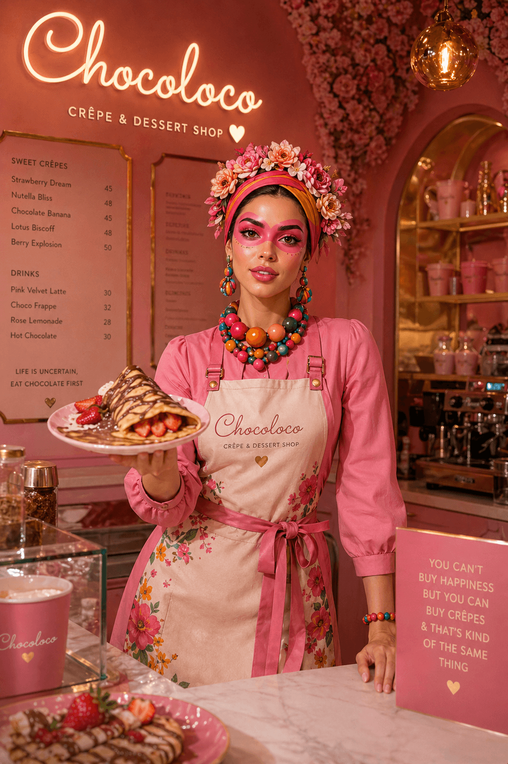 Coco in the pink Chocoloco dessert shop holding a crepe dessert