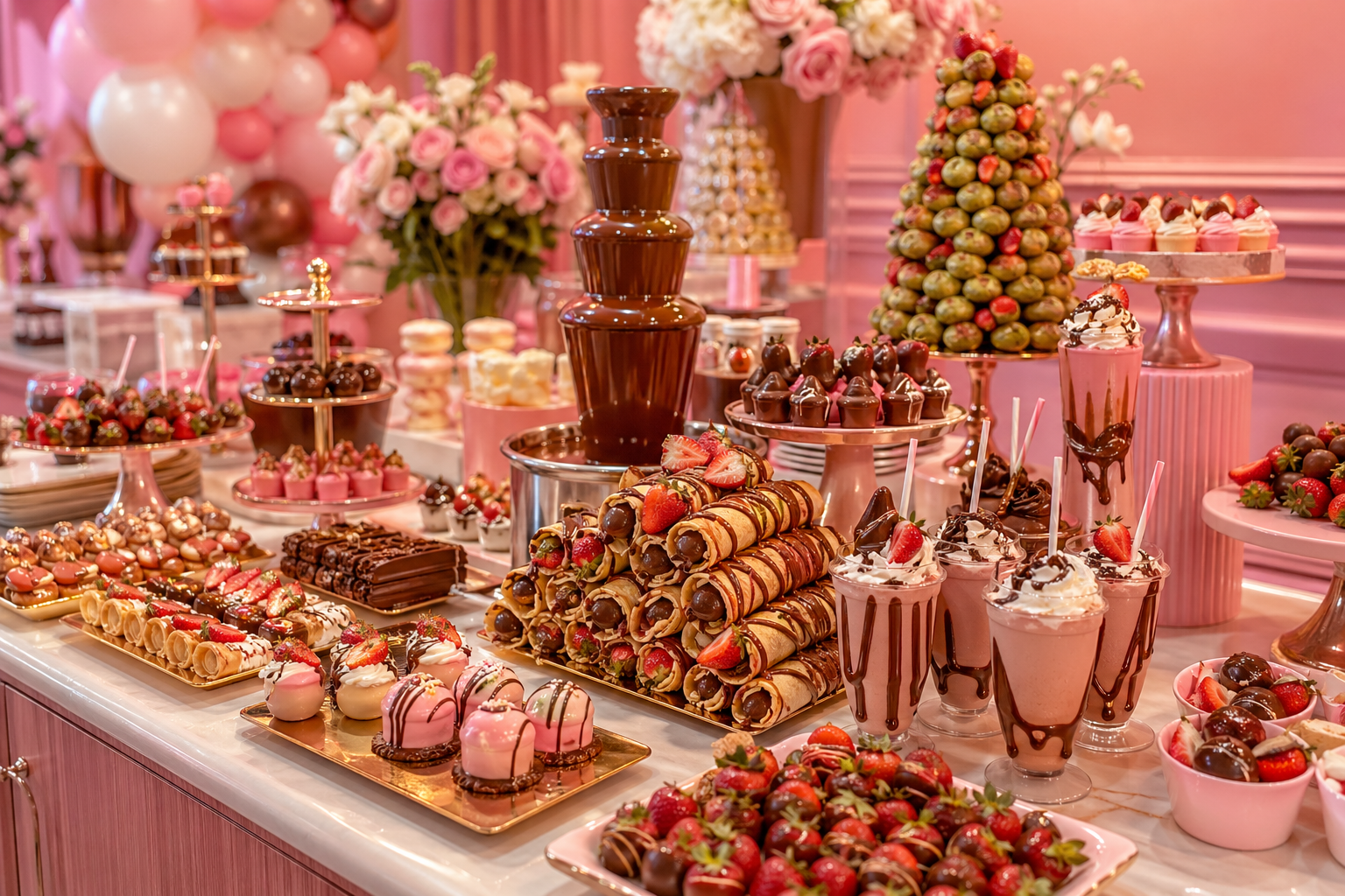 Premium Chocoloco-style candy bar event table with crepes, chocolate desserts, pistachio towers, and pink decorations