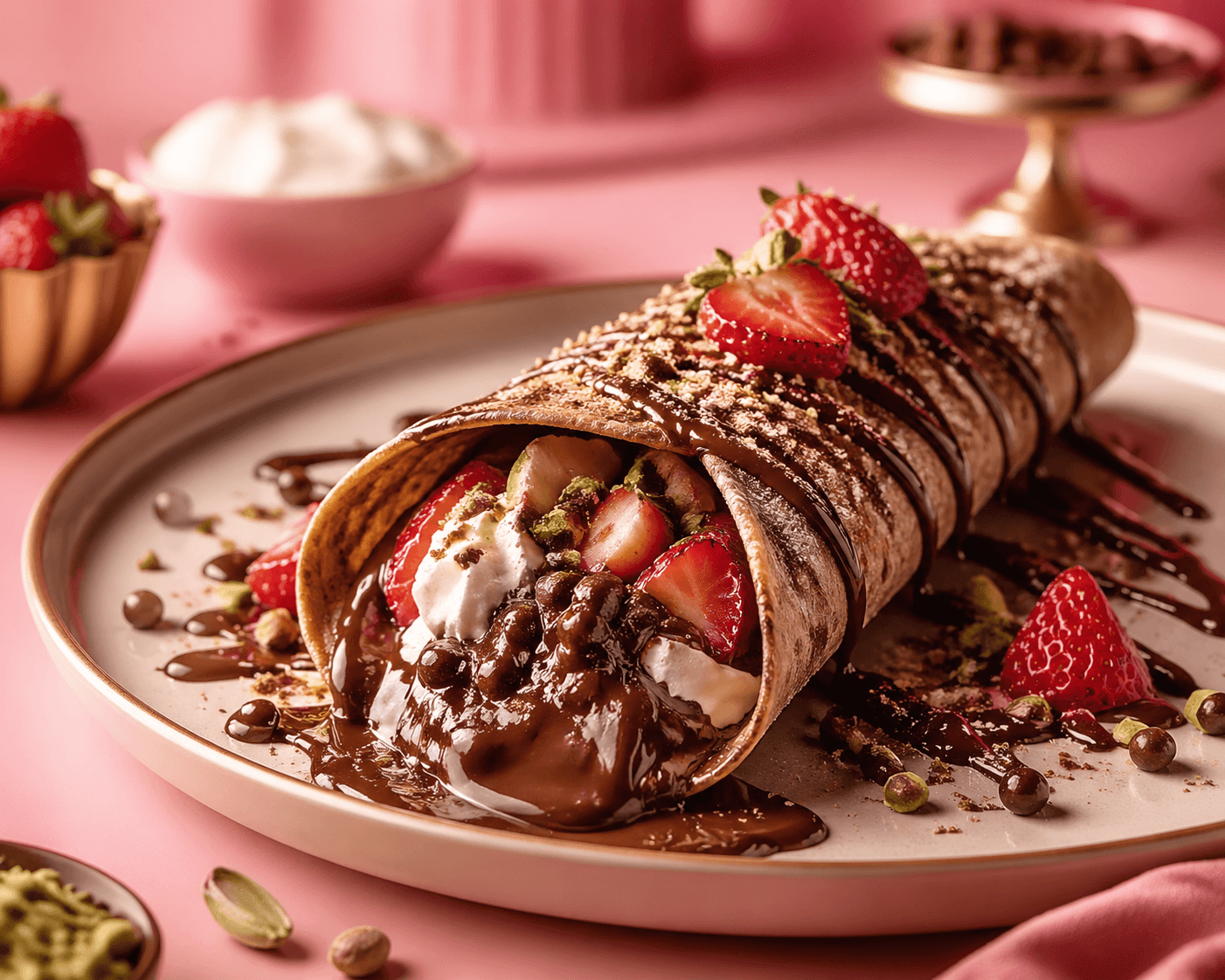 Chocolate master wrap dessert with strawberries and glossy Belgian chocolate drizzle