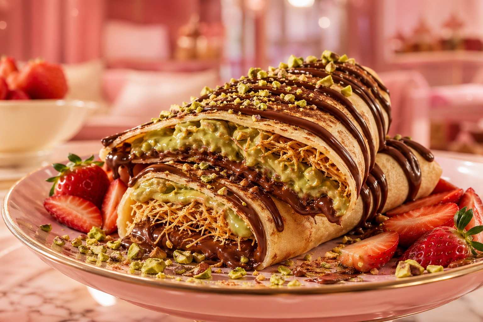 Dubai kunefe crepe sliced open with Belgian chocolate and pistachio cream