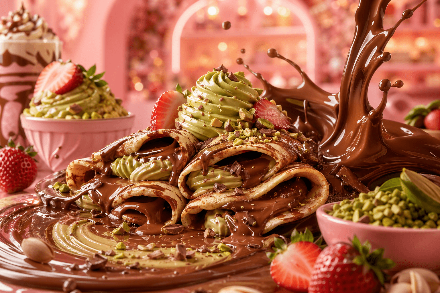 Glossy Belgian chocolate, crepes, pistachio cream, and strawberries in a pink Chocoloco dessert world