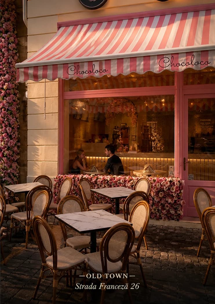 Evening pink-glow Chocoloco-style dessert shop with chocolate desserts and city-night warmth