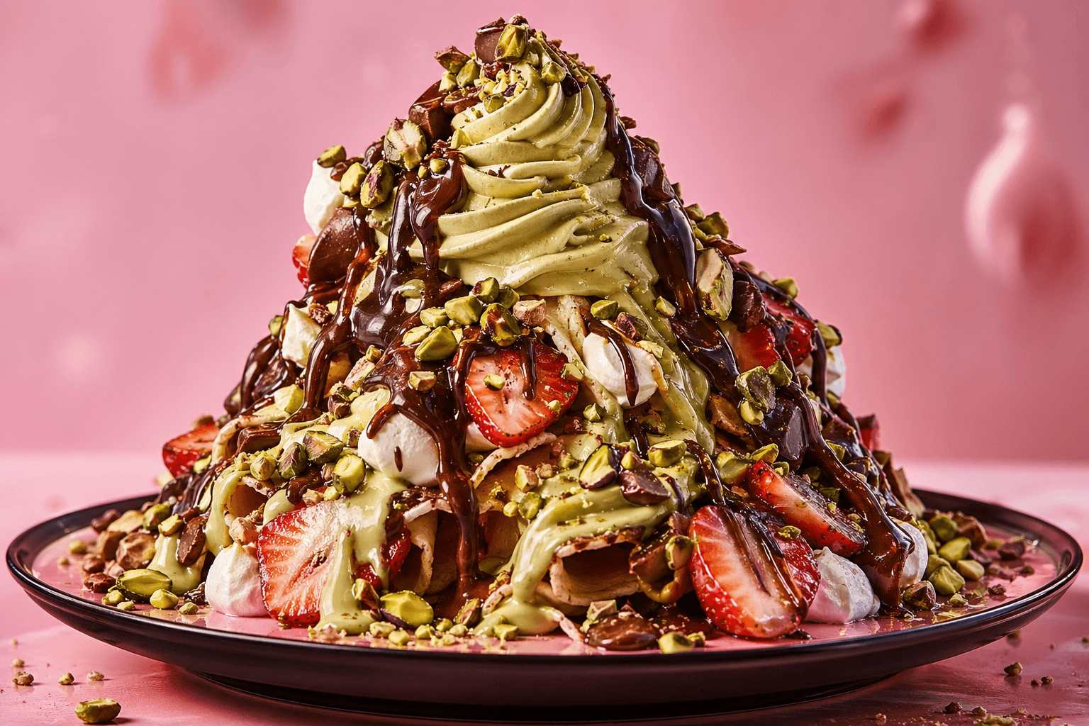 Dramatic pistachio dessert with cream, strawberries, chocolate drizzle, and pistachio crumbs