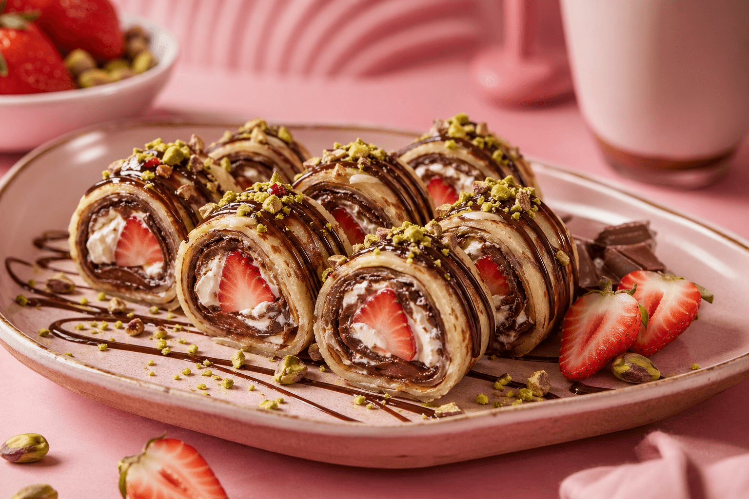 Crepe sushi rolls with strawberries, cream, pistachio crumbs, and chocolate drizzle
